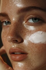 Skin care routine aesthetic. Natural lightning, elegant and sophisticated. Close-up of a young woman's face with freckles and sunscreen applied. Skin care brand campaign ad