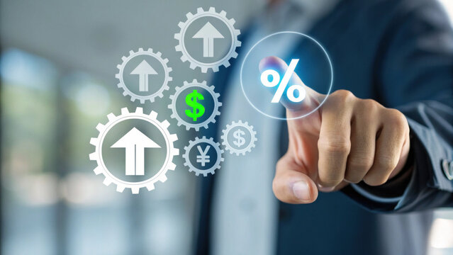 Man in suit touching virtual percent icon with currency and growth gear symbols, modern finance concept with optimistic tone