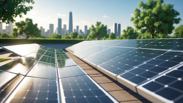 Solar Panels on Rooftop with City Skyline and Green Trees Under Blue Sky