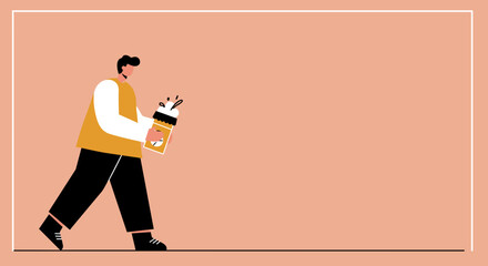 A stylized flat illustration of a casual person walking and holding a large take-out beverage, perfect for modern lifestyle, cafe, or business concepts.