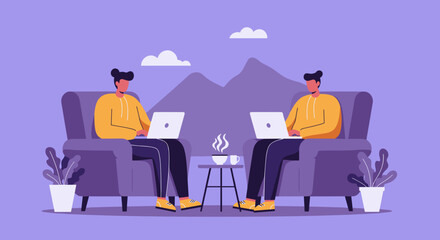 Two people working on laptops from comfortable armchairs, showcasing remote work, digital lifestyle, and online collaboration in a relaxed setting.