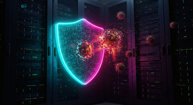 Vibrant neon shield protecting server racks from digital virus attacks, symbolizing advanced cybersecurity and data integrity in a secure data center