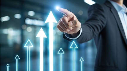 Businessman pointing at glowing upward arrows indicating growth and success, confident gesture and futuristic finance concept