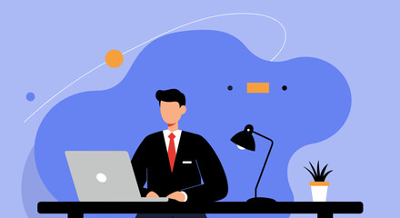 Focused businessman in a suit diligently working on a laptop at his modern office desk. Ideal for concepts of productivity, remote work, and corporate professionalism.