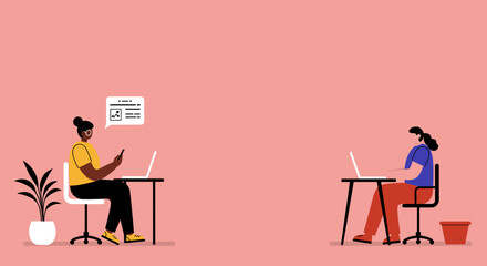 Two women working remotely with laptops and a smartphone, highlighting digital communication and productivity in a modern business or home office setting.