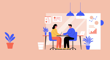 Business professionals collaborating in a modern office, analyzing data and discussing strategy. Concept for teamwork, innovation, and productive work environments.