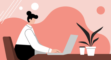 Professional woman working on a laptop at a modern desk with a plant and coffee, embodying remote work, productivity, and digital business lifestyle.