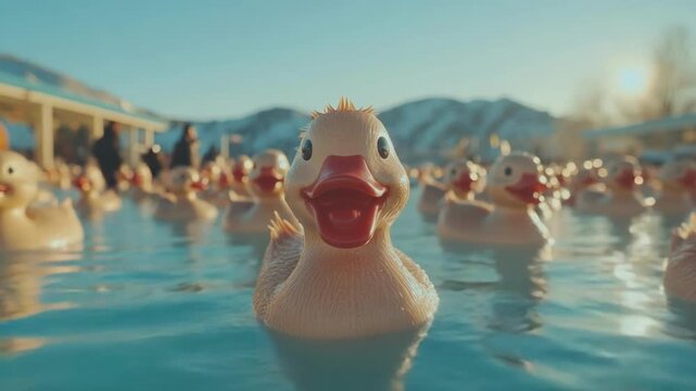 Cheerful yellow rubber ducklings floating in sunlit outdoor pool