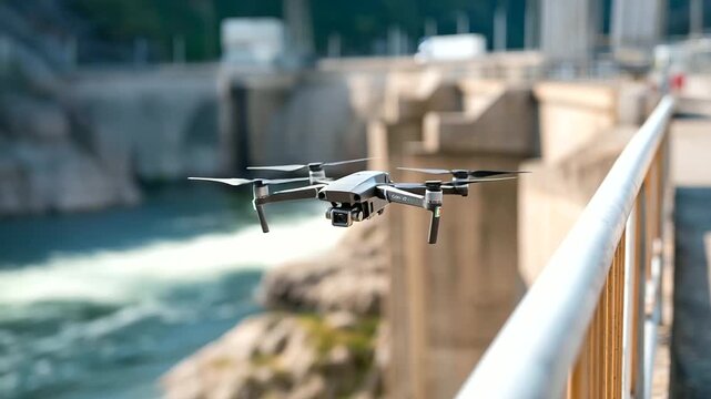 Aerial drone survey of dam infrastructure utilizing cutting-edge LiDAR technology for precision inspection, showcasing dam safety, water flow optimization, turbine efficiency and ecosystem