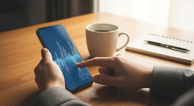 A person interacts with a smartphone displaying financial data, with hands and a wooden table in the foreground.