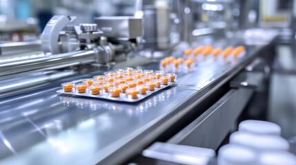 A pharmaceutical production line showing pills being transported on a conveyor belt.