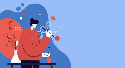 Modern illustration of a scientist researching DNA and molecular structures. Concept for genetic engineering, biotechnology, medicine, and scientific breakthroughs.