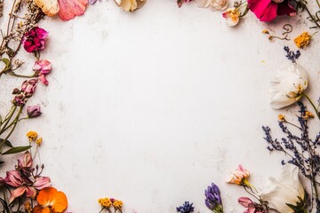 Frame of colorful flowers surrounding a blank white background. Copy space