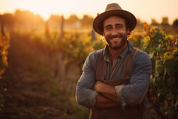 Obraz premium Smiling male farmer standing confidently in vineyard during golden hour sunset with arms crossed