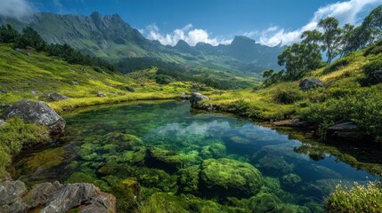 Serene Mountain Pond: A tranquil mountain pond reflects the towering peaks and lush greenery surrounding it. Capture the harmony between nature and its breathtaking features.