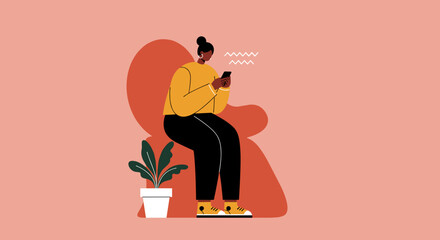 Modern illustration of a person relaxing and engaging with a smartphone. Represents digital communication, online connectivity, and contemporary lifestyle.
