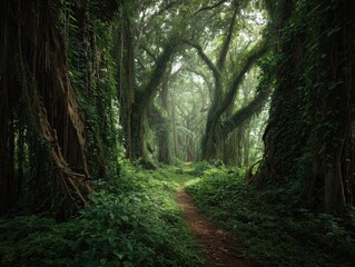 Obraz premium Lush Green Jungle Path: Ancient Trees and Vines, Mystical Forest Trail