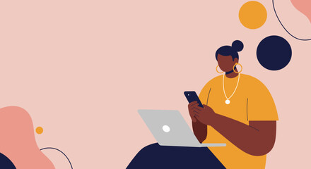 Diverse woman multitasking with smartphone and laptop. Represents remote work, online learning, technology, communication, and modern lifestyle concepts.