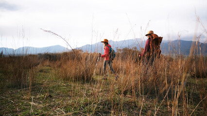 A group of lesbians walks at sunset in a field overgrown with tall grass. People travel in the foothills. Female guides explore new places