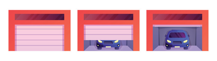 Garage opening door. Roller shutter animation, full half open automatic gate car inside shop or warehouse home auto storage roll door entrance stages cartoon vector illustration