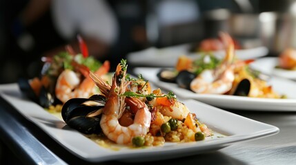 Close-up of a seafood dish with shrimp, mussels, and vegetables served on a white rectangular plate.