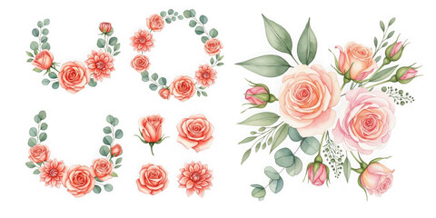 Elegant watercolor pink roses and greenery arrangement for festive occasions and design projects