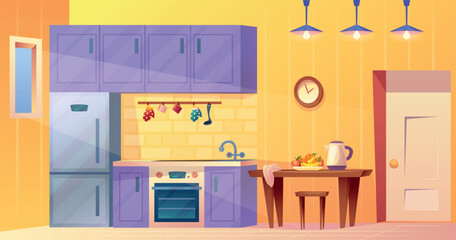 Kitchen cartoon interior. Cozy cooking room background, house furniture refrigerator dining table with fruit food cupboard stove hanging utensils yellow wall vector illustration