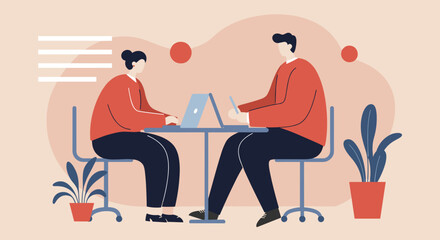 Two professionals collaborating at a table with laptops, representing teamwork, business meetings, and modern office productivity. Ideal for corporate and technology concepts.
