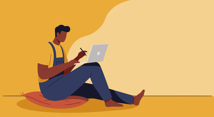Person sitting on a cushion, focused on a laptop with a stylus. Illustrates remote work, digital creativity, and modern learning in a relaxed setting.