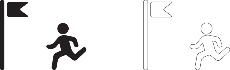 Man running to the flag. Finishing and reaching the goal. Vector silhouette. Success icon.