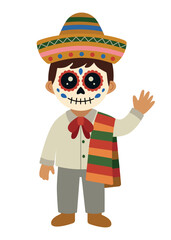 Boy in Traditional Día de los Muertos Costume Waving. Isolated vector illustration of a boy dressed for Day of the Dead with face paint, sombrero, and traditional attire, happily waving.