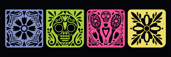 Colorful Mexican Papel Picado Vector Illustration Set. Vibrant Mexican papel picado designs in four colors: blue, green, pink, and yellow. 