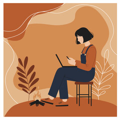 Woman working remotely on laptop and phone by a warm campfire in a modern, earthy outdoor setting. Concept of digital nomad or work-life balance.