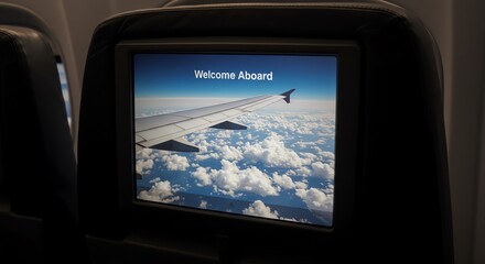 Fototapeta na wymiar Airplane seat with in-flight entertainment screen