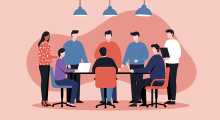 Group of diverse professionals collaborating in a contemporary office meeting. Illustrates teamwork, innovation, and strategic business discussion.