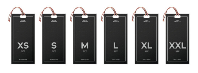 Realistic size tags. Black labels for premium clothes store, tag mockup with leather rope string small large medium extra xs s l xl xxl sizes luxury design 3d vector illustration