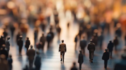 A lone man walks through a blurred crowd of people, possibly in a city.