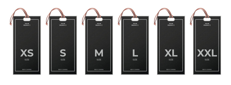 Realistic size tags. Black labels for premium clothes store, tag mockup with leather rope string small large medium extra xs s l xl xxl sizes luxury design 3d vector illustration