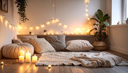 Cozy living room corner featuring soft pillows, candles, and string lights creating a warm and inviting atmosphere for relaxation and comfort.