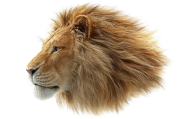 Majestic lion profile. Golden mane, orange eyes, proud expression, cut out