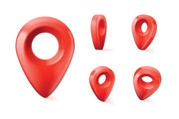 3d geo pin. Realistic map geotag, red pin road point place marker address navigation tag pinpoint city street location position pointer travel trip mark, exact vector illustration