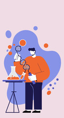 Scientist explores genetics in a modern lab, holding a DNA model and test tube. Ideal for illustrating research, discovery, and biotechnology in science and healthcare.
