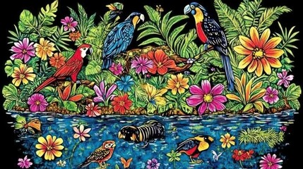 Vibrant rainforest landscape featuring colorful parrots foliage and exotic flowers