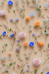 Wildflowers and small rose peony patterns are randomly arranged on beige background. Elegant beige tones