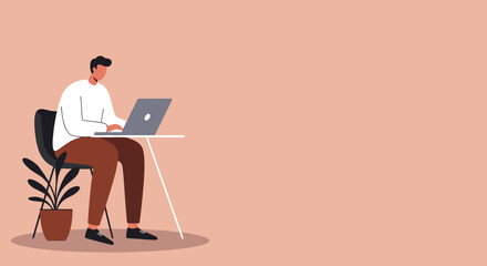 Young man focused on working remotely or studying on his laptop at a minimalist desk. Ideal for business, technology, education, or modern lifestyle themes.