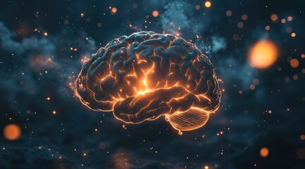 Glowing brain, fiery sparks, dark background