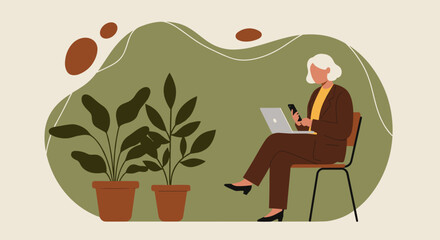 Senior businesswoman actively works on a laptop and smartphone in a modern, plant-filled setting, symbolizing digital literacy and productivity for an aging workforce.