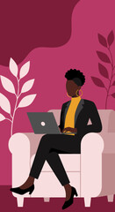 Professional Black woman working remotely on a laptop in a modern, comfortable office setting, symbolizing productivity and digital business lifestyle.