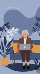 Elderly woman confidently uses a laptop on a sofa in a modern home environment, showcasing active senior lifestyle and digital engagement.