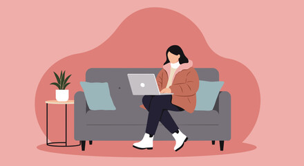 Person comfortably working on a laptop while sitting on a sofa at home. Concept of remote work, online education, or modern digital lifestyle.